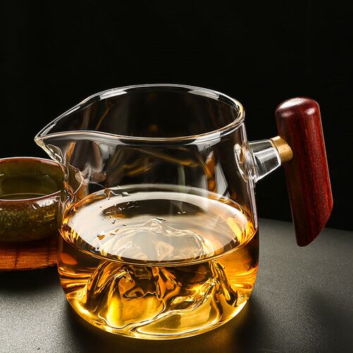 日式雪山公道杯玻璃加厚耐热茶具分茶器侧把木柄公杯分茶杯倒茶器