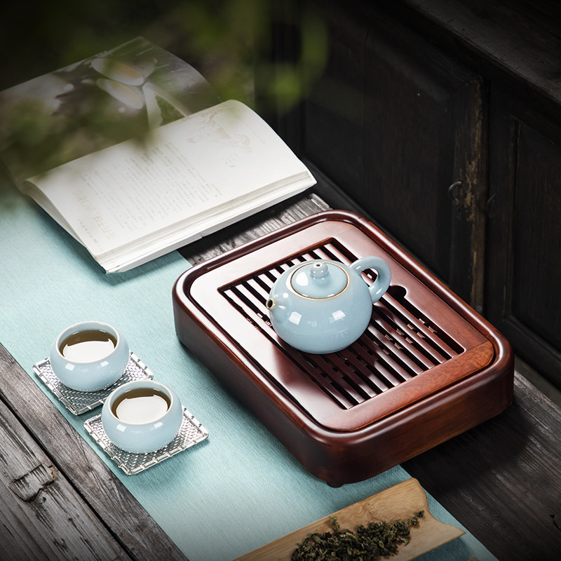 简约黑檀木茶盘实木嵌入可储水式茶托小型家用简易茶台一人用干泡