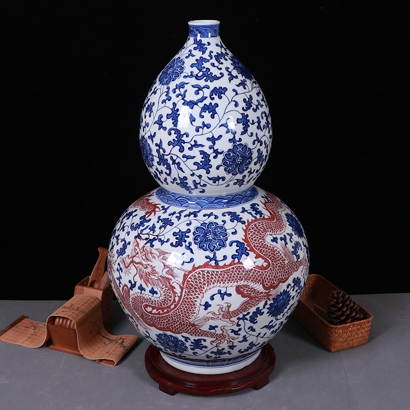 景德镇陶瓷器仿古缠枝莲青花龙纹落地大花瓶仿古中式客厅玄关摆件