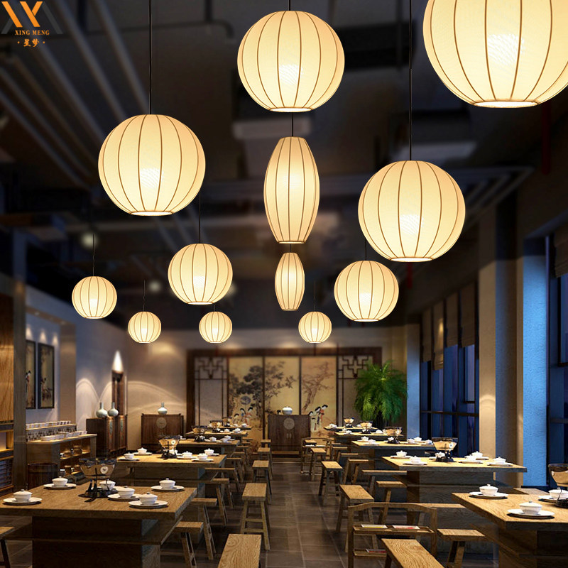 中式布艺灯笼茶室饭店吊灯创意个性餐厅日式料理吧台日韩民宿灯具