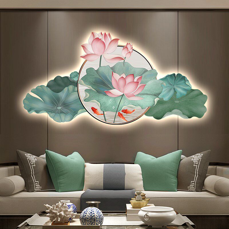 新中式荷花装饰画客厅沙发背景墙led壁灯挂画发光餐厅莲花九鱼图