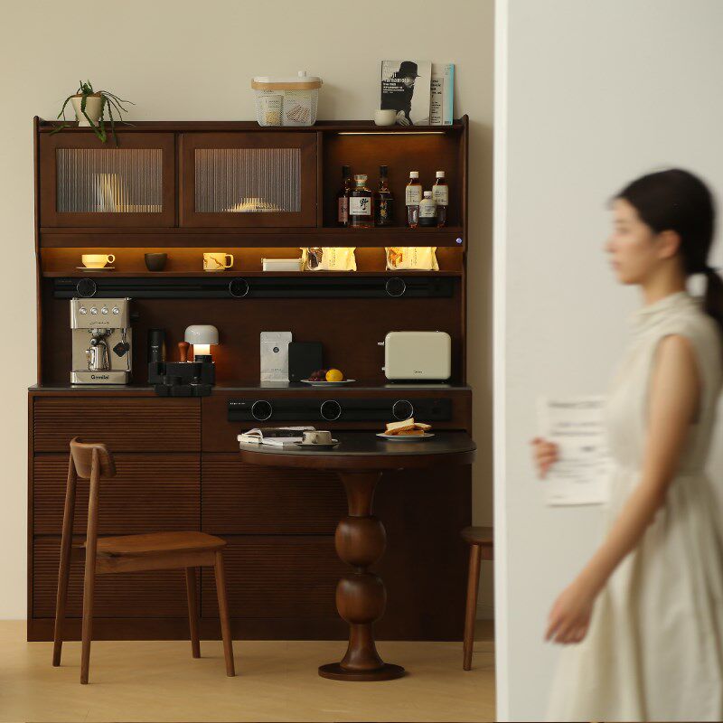 黑胡桃木实木餐边柜餐桌一体可伸缩靠墙柜带嵌桌子酒柜多功能橱柜