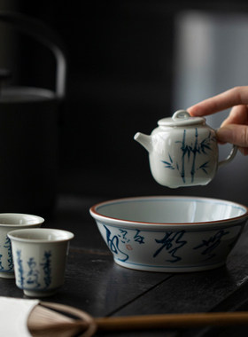 陶瓷壶承古青釉手写釉下彩诗文干泡台小茶台养壶垫茶承果盘茶点盘