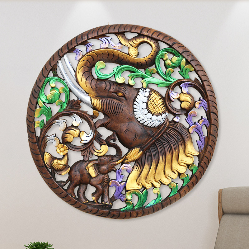 泰国雕刻工艺品东阳实木雕壁挂大象柚木雕花板客厅玄关背景墙挂件