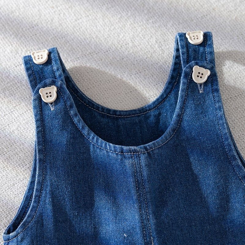 婴儿牛仔背带裤春秋护肚男宝宝裤子按扣开裆外出童裤卡通女宝童装