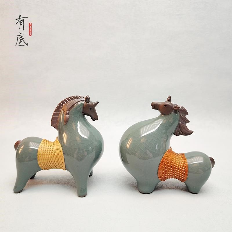 中国特色手工艺礼品青瓷唐马瓷胎竹编工艺摆件商务送礼创意送老外