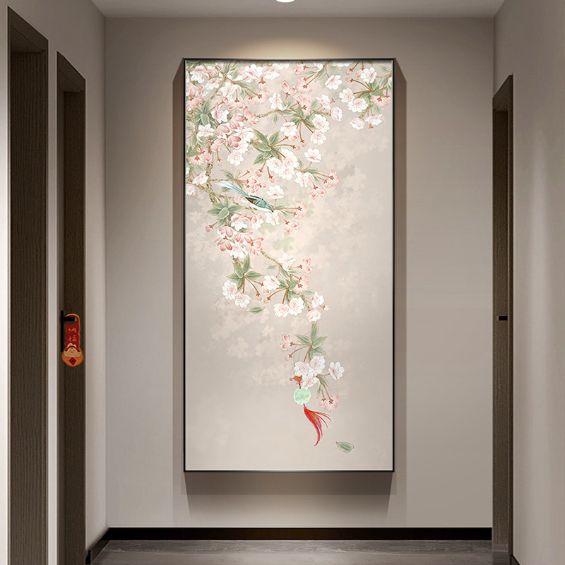 鹊上枝头入户玄关装饰画竖版新中式禅意走廊过道挂画花鸟茶室壁画