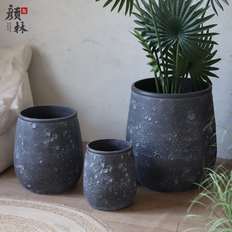 北欧黑灰色镁泥花盆家居商场装饰花盆客厅户外绿植盆简约大口花盆