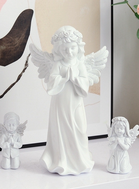 欧式复古做旧白色少女天使装饰品摆件美式石膏人物雕像小摆设礼物