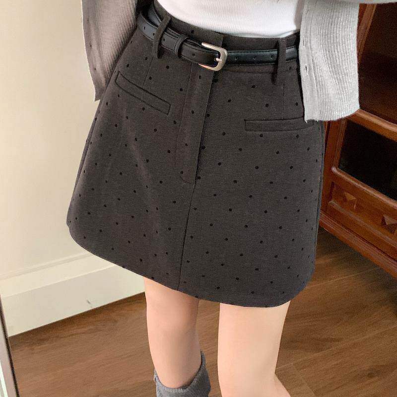 灰色毛呢波点半身裙女秋冬2025新款大码高腰显瘦包臀裙a字短裙子