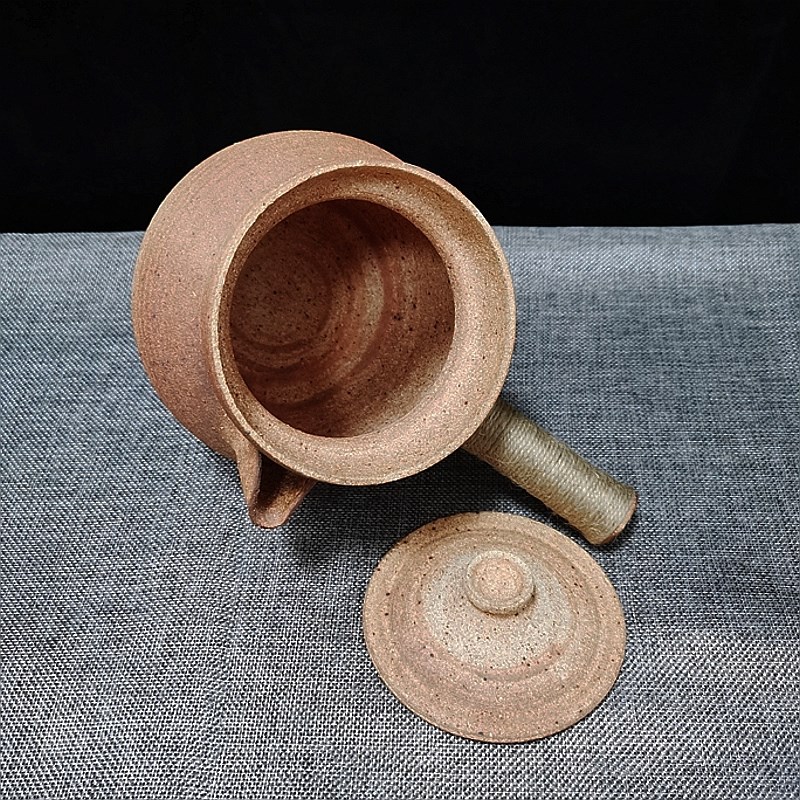 云南粗陶烤茶烹茶罐茶器煮茶罐大号公道手绘土陶柴烧带盖侧把复古