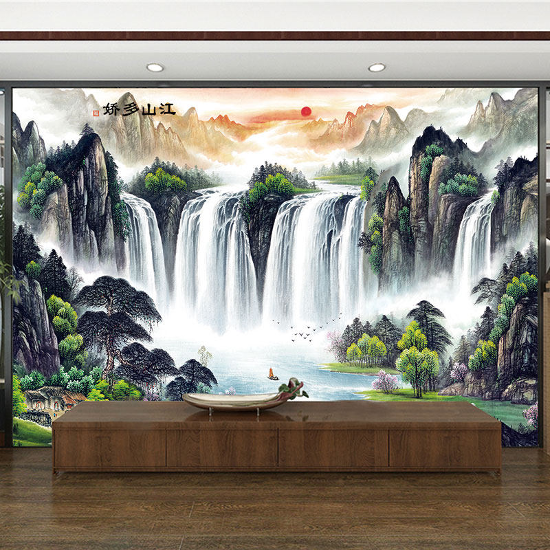 山水画自黏贴纸中式风景画墙贴画客厅沙发背景墙壁画办公室装饰画