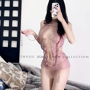 金屋藏娇性感蕾丝内衣人妻感粉色绑带透视免脱连体衣女qq内衣套装