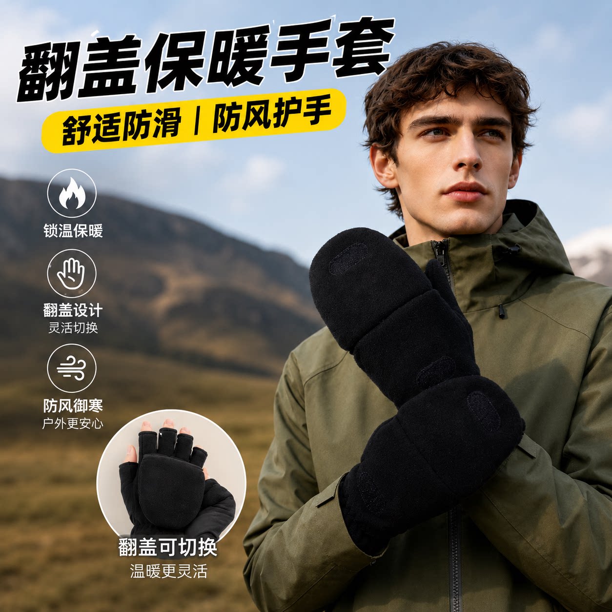 秋冬天户外半指翻盖摄影师专用手手套