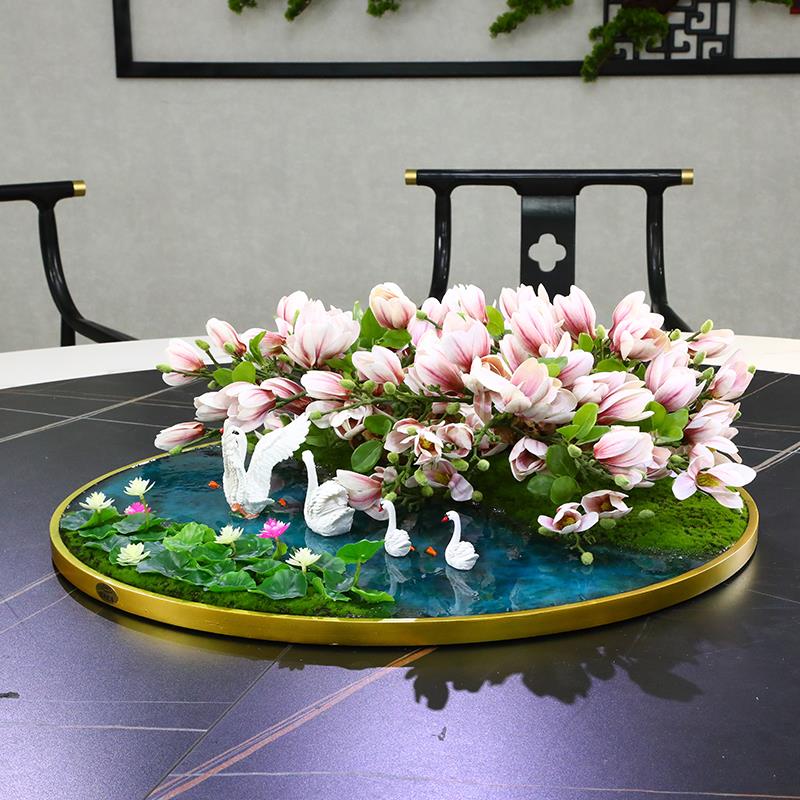 酒店餐桌台花餐厅大圆桌摆件转盘中间装饰花艺欧式软装北欧工艺品