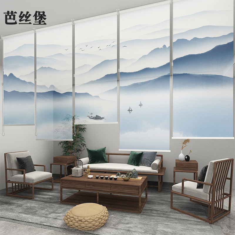 新中式客厅卷帘悬挂式屏风挂帘子软隔断玄关卧室窗帘办公室遮光帘