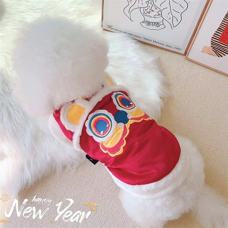 狗狗冬天唐装泰迪比熊博美小型犬宠物猫咪新年款喜庆舞狮加绒棉衣