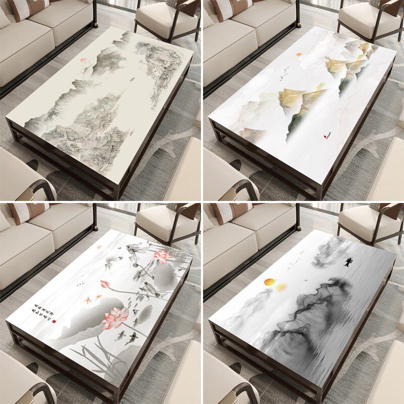新中式茶几垫桌布防水防油免洗皮革防烫餐桌垫山水画中国风书桌垫