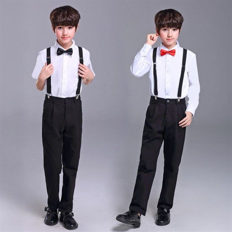男童礼服套装男孩演出主持人纯棉白衬衫短袖黑西裤背带裤六一夏季