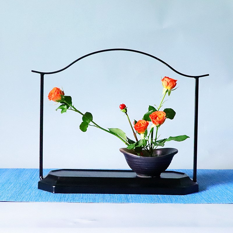中式花艺摆件铁艺花架禅意插花茶席桌面日式花道装饰展示铁架底座