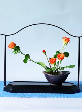 中式花艺摆件铁艺花架禅意插花茶席桌面日式花道装饰展示铁架底座