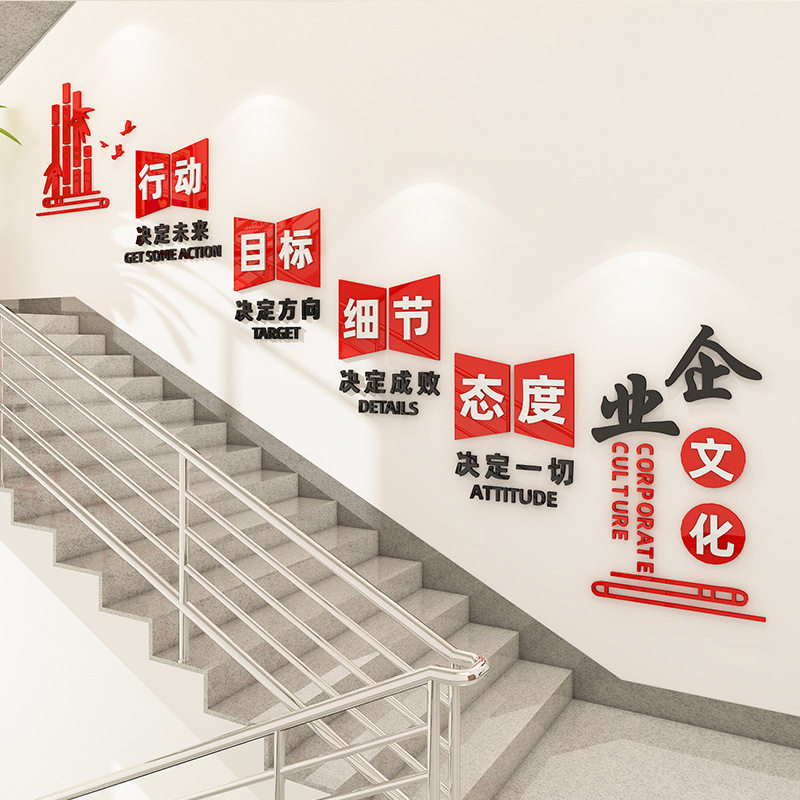 企业文化墙设计办公室楼梯墙面装饰公司团队激励志标语3立体壁贴