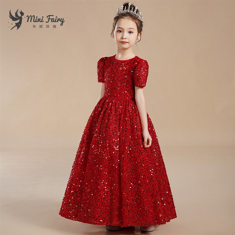 女童红色亮片生日公主裙儿童高端晚礼服中大童短袖钢琴演出服主持