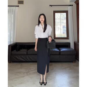 郭九九呢棉春夏薄款基础百搭衬衫女春季显瘦长款开衩西装半裙