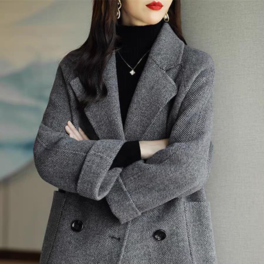 西装领气质毛呢女秋冬季新款人字纹呢大衣宽松显瘦外套百搭小个子