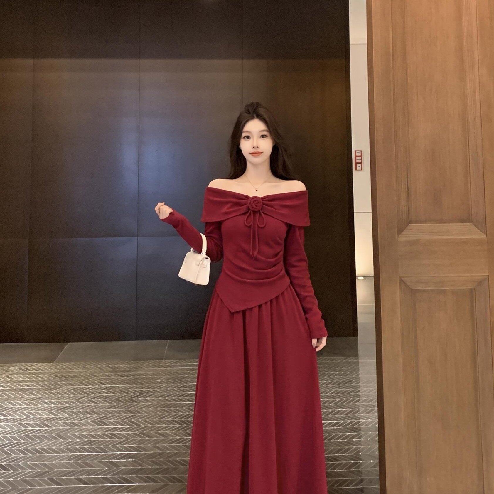 胖mm礼服裙秋冬针织法式高级感气质婚礼敬酒服新娘红色订婚连衣裙