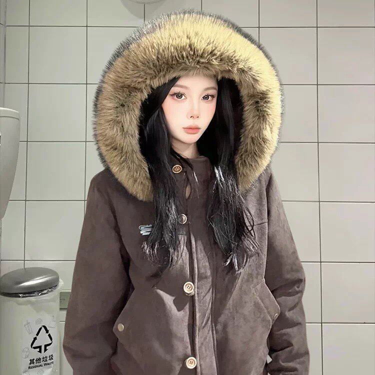 美式复古毛领连帽韩系羽绒棉衣女冬季新款巨好看棉短款服外套潮