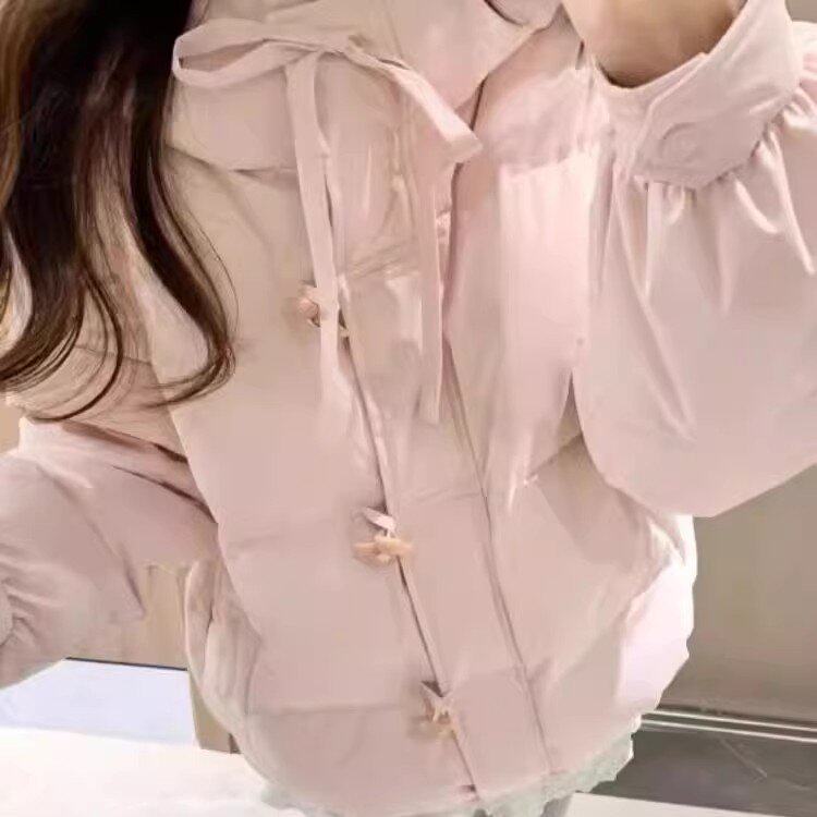 粉色连帽牛角扣羽绒棉服女2026秋冬设计感小众宽松防寒保暖棉衣潮