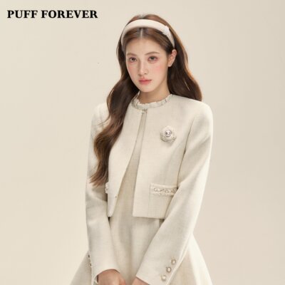 PUFFFOREVER名媛世家重工钉珠千金感米色小香风连衣裙女外套