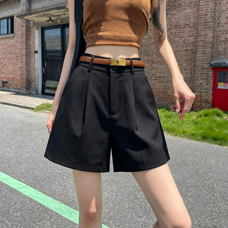 实拍新型面料黑色休闲裤女高腰A字松弛感宽松遮胯阔腿短裤2026夏