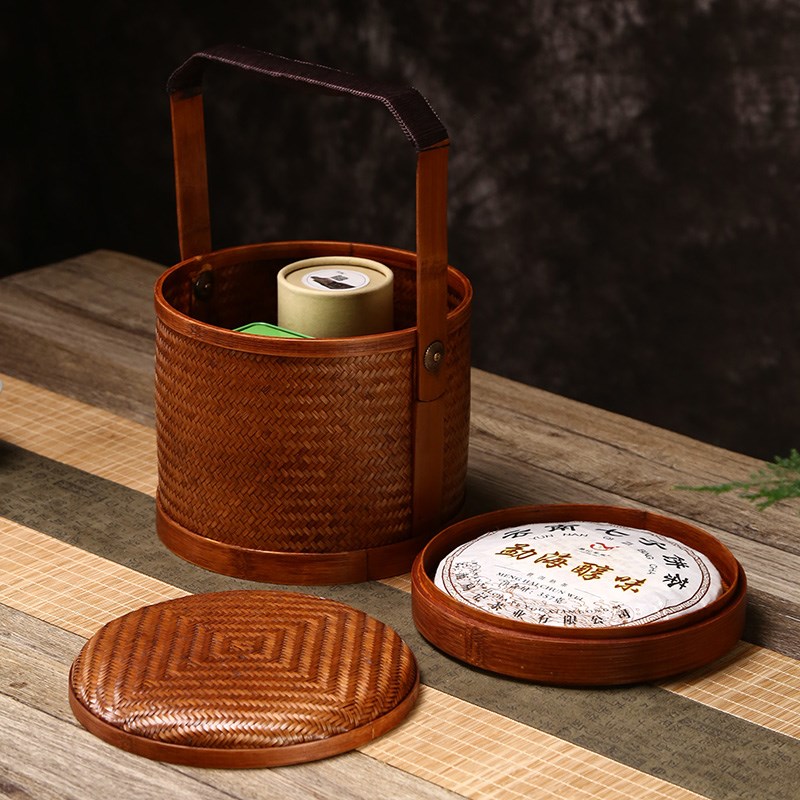 竹编圆形手提篮普洱饼盒传统食盒茶礼盒茶道配件农村结婚喜事篮子