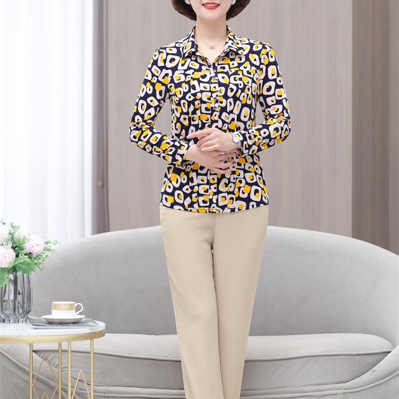 2023春秋新品中老年女装薄款长袖套头T恤小个子妈妈修身花色上衣
