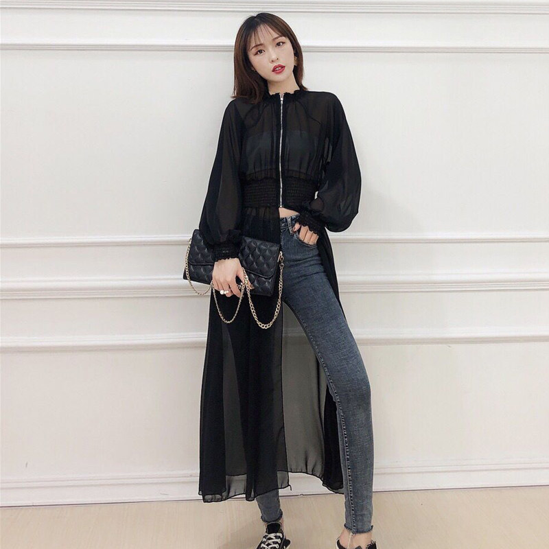 个性豹纹雪纺衫女2023春季束腰中长款百搭雪纺衣夏防晒衣外搭披肩
