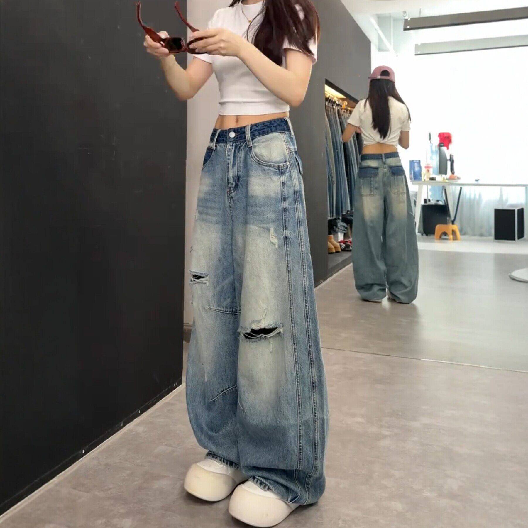 破洞弯刀牛仔裤女夏季薄