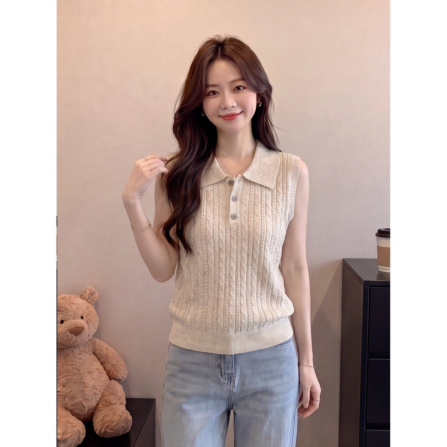 学院风麻花翻领针织衫女夏季高级感修身显瘦小上衣巨好看无袖T恤