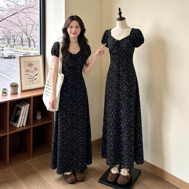 法式复古V领碎花洋装女20