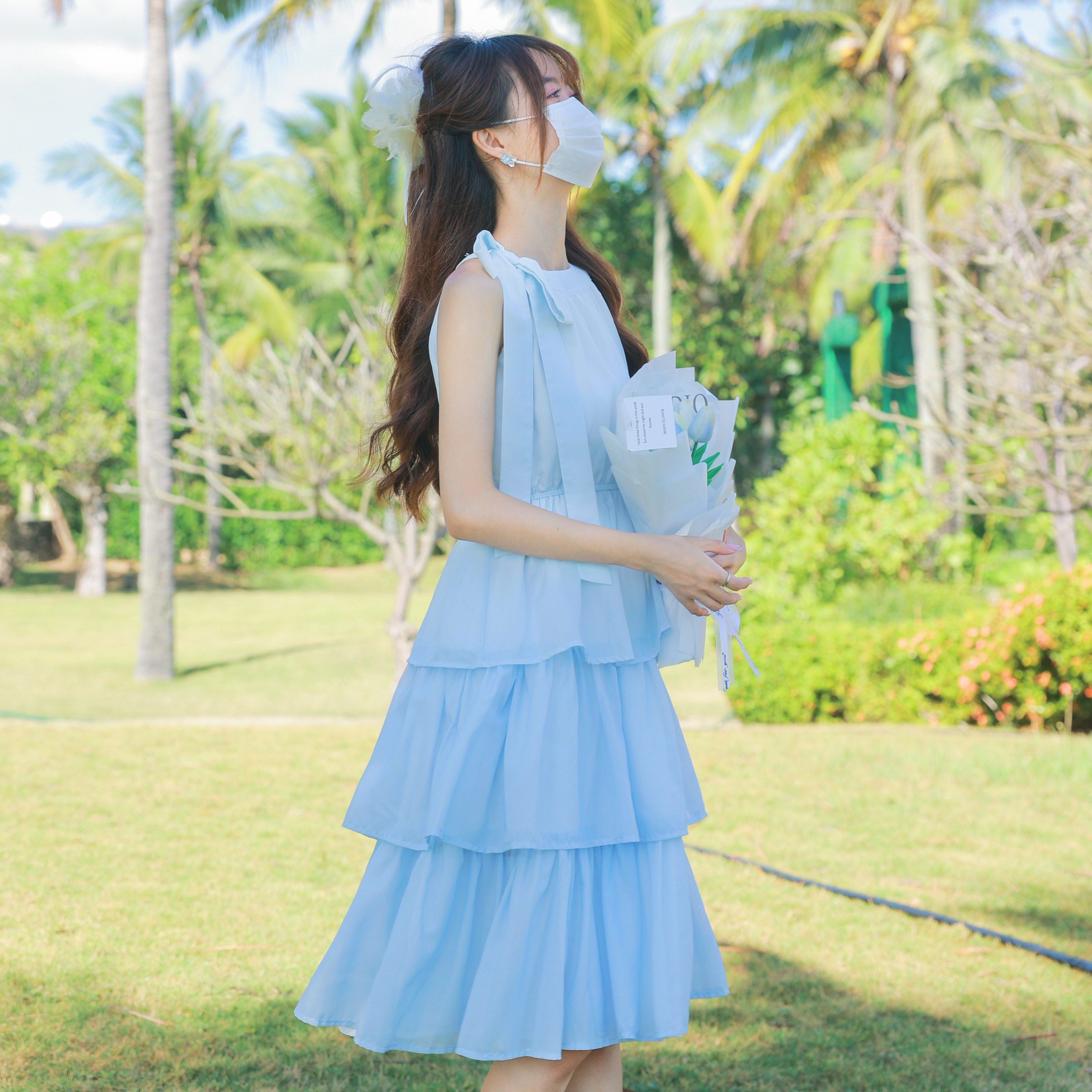 花崎鹿法式温柔系甜美减龄初恋裙女绝美女神范蓝色洋装银河潮汐