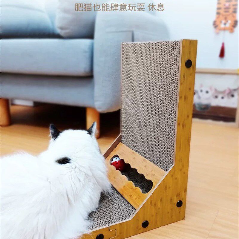 理想国 网红L型大号立式靠墙猫抓板瓦楞纸猫咪磨爪器diy互动铃铛