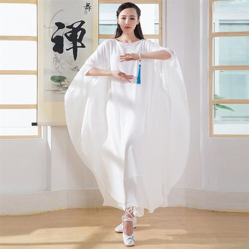 禅舞服装女白色禅服仙女连衣裙二件套中国风茶服文艺网袖升级长裙