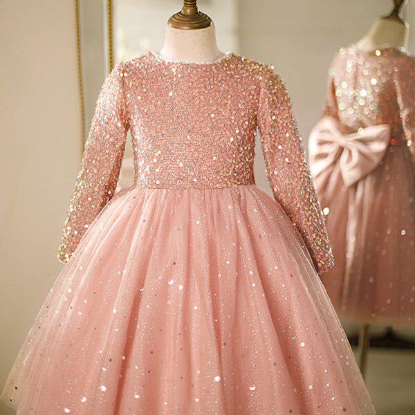 粉色女童礼服高端花童公主裙演出服儿童钢琴演讲比赛主持生日秋季