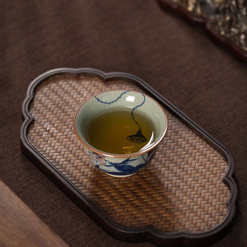 老泥青花手绘荷花品茗杯主人陶瓷单杯写意画茶杯铃铛杯客人杯茶具