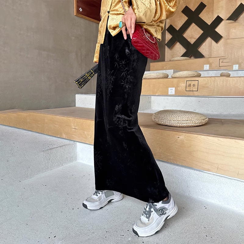 主推款 新中式丝绒到脚踝半身裙女春秋优雅气质法式长款半裙
