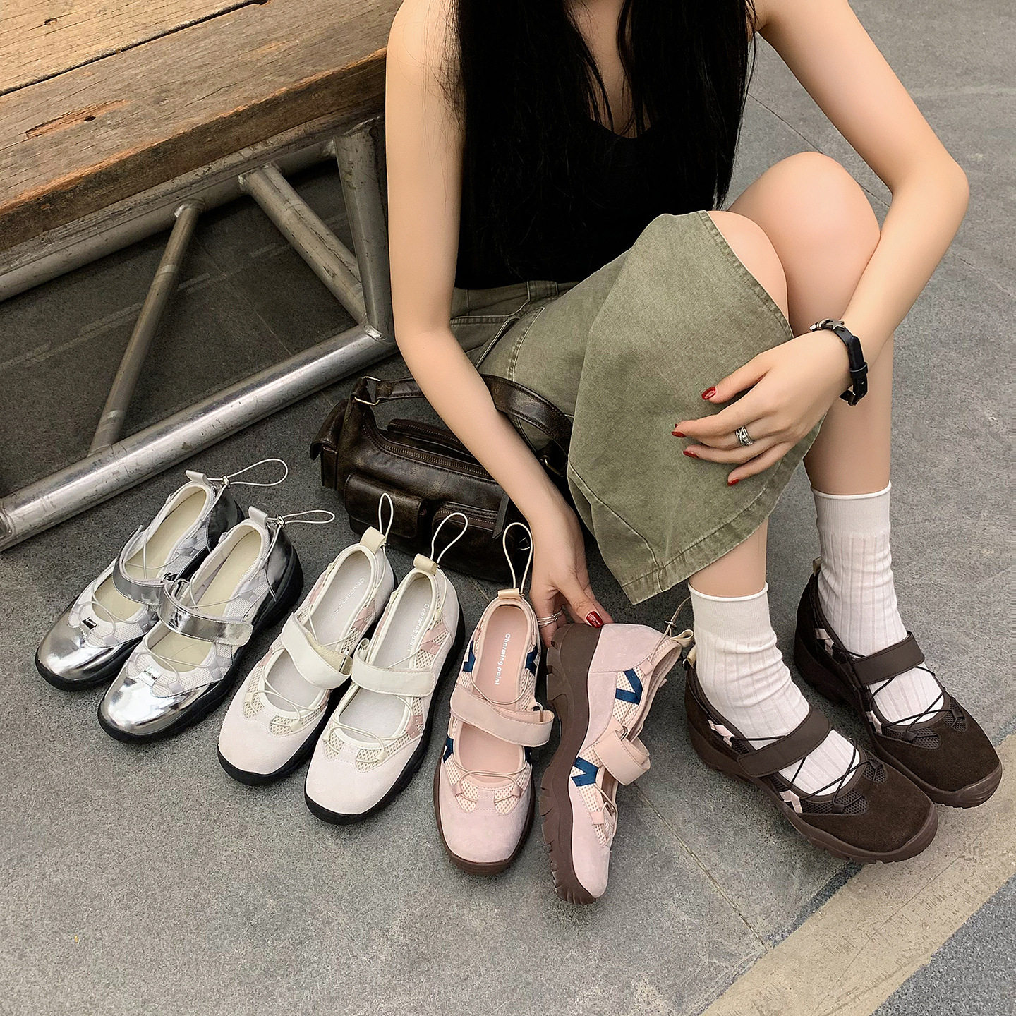 甜酷少女风运动玛丽珍鞋秋圆头中跟厚底真皮拼色休闲单鞋女