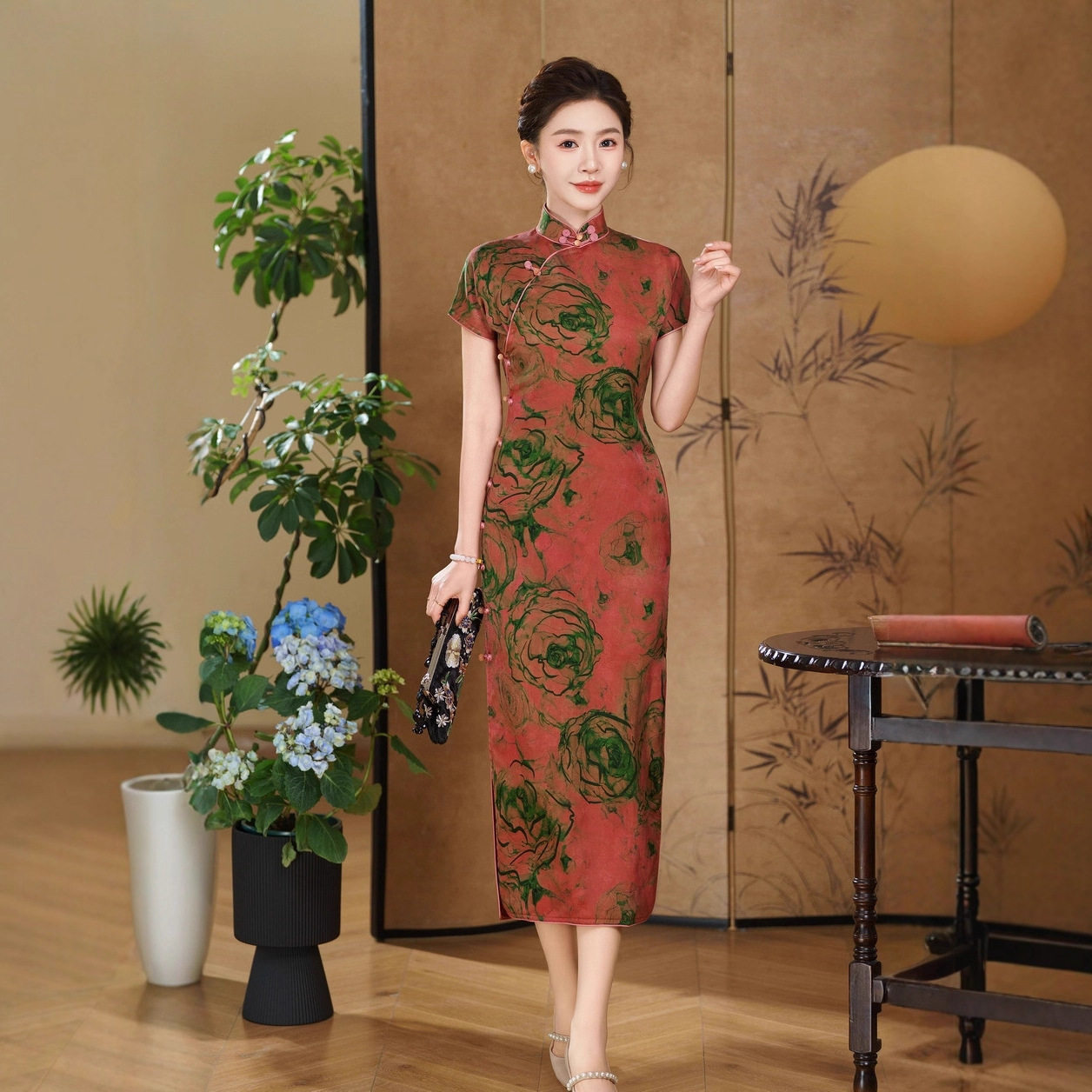 夏新中式复古花色旗袍真丝旗袍改良修身连衣裙女桑蚕丝