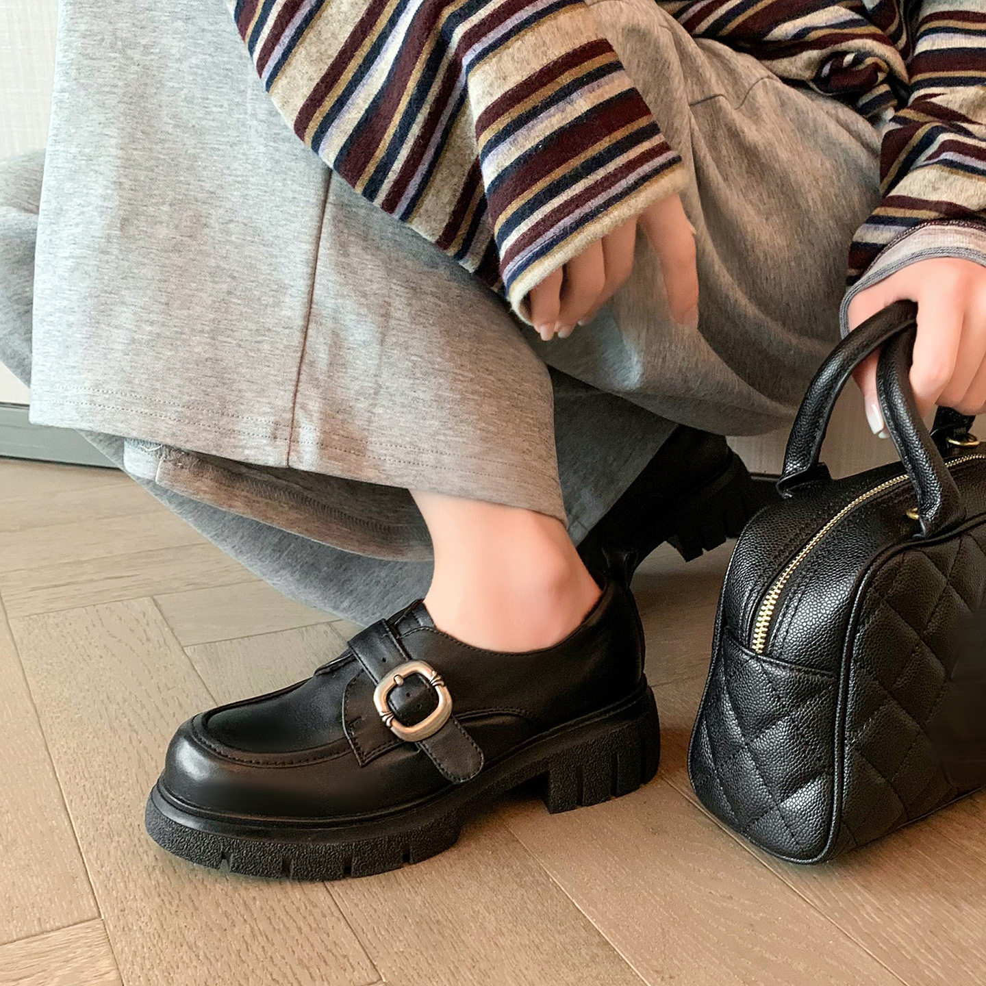 学院风皮带扣牛皮厚底JK小皮鞋春季粗中跟圆头真皮深口单鞋女