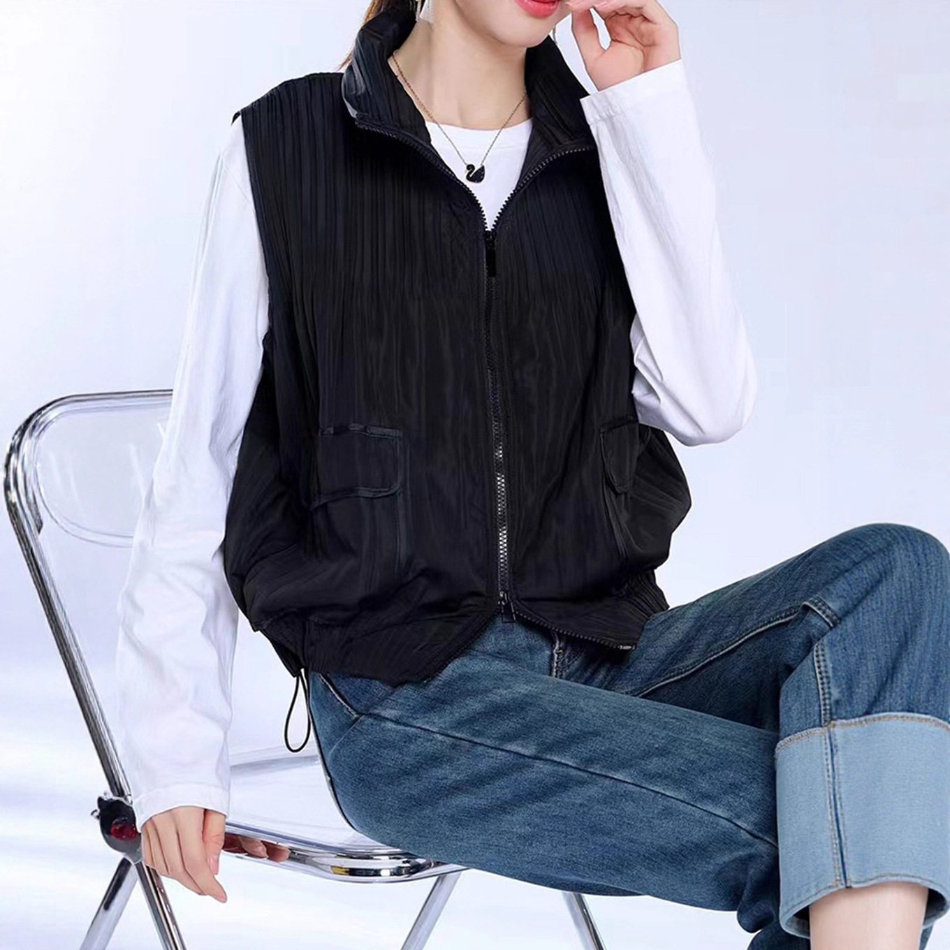 轻薄棉服马甲背心女高级感秋冬新款坎肩褶皱马夹韩版外穿棉衣